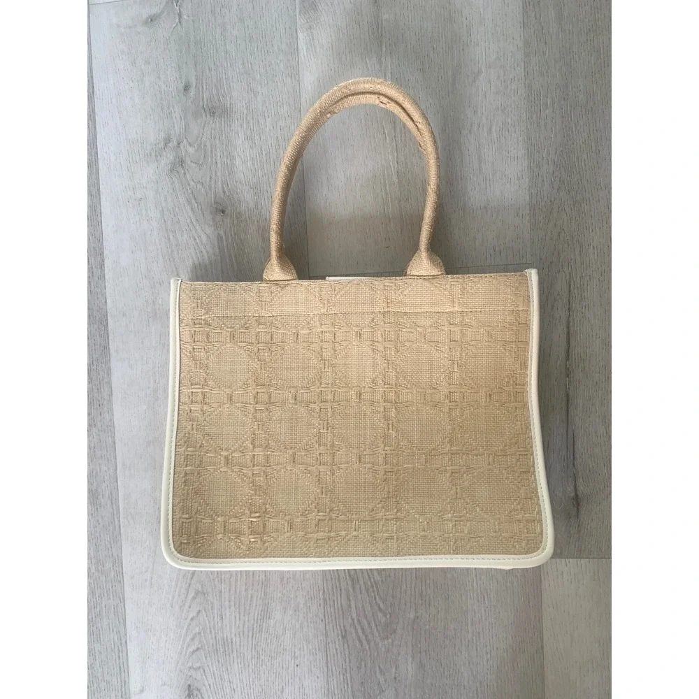 Antik Kraft Woven Straw Tote Bag Beige Cream Geometric Coastal Boho Handbag